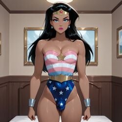 1girls ai_generated belt black_hair blue_eyes bracelet bulge dc_comics leotard looking_at_viewer solo standing trans_pride_colors trans_woman wonder_woman