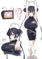 1girl big_breasts blue_archive china_dress exercise huge_breasts kisaki_(blue_archive) lit long_hair sensei_(blue_archive) solo solo_female stretching