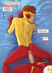 2boys age_difference ass brown_hair dc dc_comics erection green_eyes head_out_of_frame imminent_anal incest kid_flash large_penis legs_apart looking_at_partner male male_only multiple_boys muscle penis_on_ass pov receiving_on_stomach spread_legs suiton text the_flash torn_bodysuit translated uncle_and_nephew undressing veiny_penis yaoi