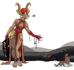 2026 anthro biped blood bodily_fluids breasts claws clothed clothed_anthro clothed_female clothed_human clothed_male clothing death decapitation deity digital_drawing_(artwork) digital_media_(artwork) egyptian egyptian_clothing faceless_character faceless_human feet felid female fingers front_view fur group harba hi_res human lion male mammal nulia pantherine rear_view reptile scalie simple_background sitting smile snake standing teeth toes trio