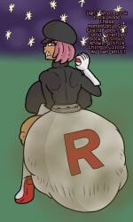 1girls 2d big_breasts boots clothed clothed_female dialogue diaper diaper_fetish english_text facing_away female female_focus female_only field filled_diaper filth gloves guavagrunt hat holding_object holding_poke_ball huge_breasts hyper_diaper hyper_feces hyper_scat looking_back messy_diaper night night_sky nipples_visible_through_clothing pink_hair poke_ball pokemon scat simple_background speech squatting star starry_sky tan_body team_rocket team_rocket_grunt team_rocket_uniform text thick_thighs thighs uniform