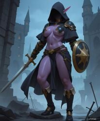 ai_generated armor artas9972 belly castle elf elf_ears elf_female elf_girl hips hood pelvic_curtain purple_body shield solo solo_female sword underboob warrior