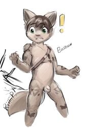 anthro balls bastion blush brown_fur canid canine flaccid foreskin fox fur gavin_camacho green_eyes hi_res humanoid_penis looking_back male male_only mammal penis simple_background sketch solo standing uncut