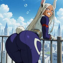 ai_generated animal_ears ass ass_bigger_than_head ass_focus bangs blue_sky bodysuit boku_no_hero_academia breasts bubble building cameltoe city cityscape cloud dark-skinned_female dark_skin day female female_only from_behind gloves grin huge_ass large_breasts leaning_forward leotard long_eyelashes long_hair looking_at_viewer looking_back mirko miruko outdoors parted_bangs rabbit_ears rabbit_girl rabbit_tail railing red_eyes rumi_usagiyama sky sleeveless sleeveless_turtleneck smile solo superhero tail tail_through_clothes teeth thick_thighs thighs turtleneck turtleneck_leotard white_gloves white_hair