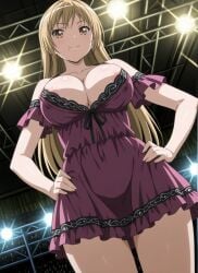 1girls adult adult_female ai_generated areolae areola_slip blonde_hair breasts busty catwalk cleavage dress fashion fashion_model female female_focus female_only frilled_dress from_below hands_on_own_hip ichinose_riko faithful_to_the_anime large_breasts legs long_hair looking_down looking_to_the_side model modeling mole mole_under_mouth no_bra no_bra_under_clothes off-shoulder_dress off_shoulder posing posing_for_picture posing_for_the_viewer ran_sem ran_sen_hakudaku_delmo_tsuma_no_miira_tori rin_x_sen_+_ran_-_sem_cross_mix sexy sexy_body sexy_female sexy_pose short_dress nipple_slip partially_visible_nipples solo stage stage_lights supermodel upper_body very_long_hair viewed_from_below voluptuous young_adult young_adult_female