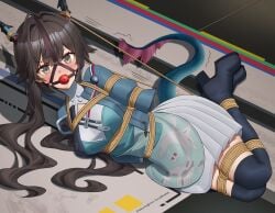1girls absurd_res absurdres angry angry_expression angry_face arknights arknights:_endfield arms_behind_back ball_gag black_boots black_eyes black_hair blue_jacket blush bondage boots bound bound_ankles bound_arms bound_legs breasts chen_qianyu_(arknights:_endfield) chinese_clothes clothing dragon_girl dragon_horns dragon_tail drooling female female_focus female_only femsub frustrated fully_clothed gag gagged grey_skirt harness_ball_gag harness_gag hi_res high_resolution highres hogtie horned_female horns humiliation indoors jacket kidnapped light-skinned_female long_hair looking_at_viewer lying lying_on_floor lying_on_side medium_breasts motion_lines on_floor on_side restrained restrained_arms restrained_legs rope rope_bondage rope_harness saliva skirt solo solo_focus struggling tail thick_thighs thigh_boots thighs twintails wo_cao_xiao zettai_ryouiki