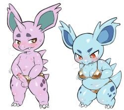 2026 3_fingers 3_toes anthro balls big_ears blue_body blush blush_lines bodily_fluids bottomwear bottomwear_aside breast_grab breasts breath brown_eyes claws clothing clothing_aside duo erection eyebrows feet female female_anthro fingers foreskin front_view generation_1_pokemon genital_fluids genitals glistening glistening_body hand_on_breast hi_res horn humanoid_genitalia humanoid_penis looking_at_another looking_down male male_anthro masturbation motion_lines narrowed_eyes navel nidorina nidorino nintendo nipples penis pokemon pokemon_(species) precum purple_body red_eyes shortstack simple_background slightly_chubby slightly_chubby_anthro slightly_chubby_female snout spines spots standing stroking_penis sweat sweatdrop swimwear swimwear_aside tail thick_thighs toes topwear tororoudn underwear white_background