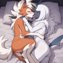 absol ai_generated lesbian lesbian_couple lesbian_kiss lesbian_sex lycanroc pokemon_(species) romantic romantic_ambiance romantic_couple yuri