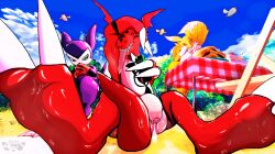angle_view armpit armpit_sniffing avian bandai_namco beach bird bodily_fluids burger claws cloud detailed_background digimon digimon_(species) feet food foot_focus furniture genital_fluids guilmon hi_res impmon male michmachape paws picnic precum renamon saliva sniffing solo sweat sweatdrop table tail toe_claws tongue tongue_out