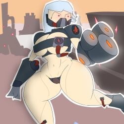 automaton automaton_(helldivers) clothed clothed_female clothes clothing cyborg factory helldivers helldivers_2 kuxxx large_ass large_breasts machine machine_gun radical_(helldivers) red_eyes robot robot_girl robotic_arm scars scars_all_over thicc thicc_thighs thick_thighs thighs white_hair wide_hips