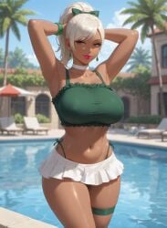 1girls ai_generated armpit_crease armpits arms_behind_head bangle bangs blurry_background brown_eyes busty crop_top dark-skinned_female earrings eyebrows_visible_through_hair female frilly_clothing hairbow lipstick lounge_chair midriff nipple_outline one_leg_forward palm_tree pleated_skirt ponytail poolside rgomez007 seductive_look self_upload side-tie_bikini_bottom smiling_at_viewer solo_female stable_diffusion swimming_pool thick_lips thick_thighs thighband thong_straps warm_lighting white_hair wide_hips