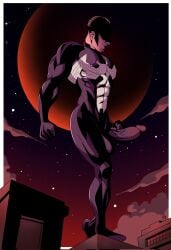 abs clenched_fists eddie_brock erection male_focus male_only marvel marvel_comics moon muscular muscular_male night_sky nipple_bulge nipples pecs penis shadow_over_eyes solo_focus solo_male soul_patch standing_on_building symbiote veiny_penis venom_(marvel) yuunsfw