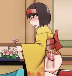 2015 blush brown_hair censor_bar censored censored_penis closed_eyes clothed_sex cum cum_in_pussy cum_inside erika_(pokemon) female_on_top headband hi_res kimono on_floor pokemon sweat textless uterine_kiss vaginal_penetration x-ray yagen_sasami