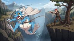 1boy 1girls 2026 3_toes 4_fingers adventurer ai_generated animal_genitalia anthro black_sclera blue_body blue_scales cliff cloaca cloak_only countershading detailed_background director_name distressed duo evergreen_tree eyelashes fantasy featureless_chest feet female female_anthro fingers furry genitals hi_res horn human humor kobold kobold_(midria) male male_human mammal medieval midair mostly_nude mountain open_mouth pine_tree plant pupils pussy reptile river rope scales scalie screaming seabold_(midria) sharp_teeth slit_pupils spread_legs spreading tagme teeth terraraptor thrown toes tongue tree white_body white_cloak white_countershading white_horn wide_eyed world_of_midria yellow_eyes