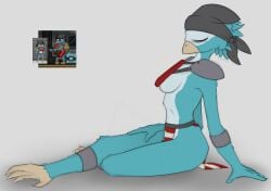 artist_request avian beak breasts closed_eyes clothing female not_porn reference_image sideboob sitting starbound tagme unknown_artist