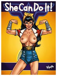 areola areolae black_hair blue_eyes breasts dc dc_comics female flexing highres large_breasts long_hair nipples radprofile smile solo standing wonder_woman wonder_woman_(series)