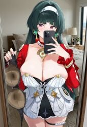 1girls ai_generated astra_yao bangs bare_shoulders big_breasts black_hair blunt_bangs blush bra breasts cellphone cleavage dress earrings eyebrows_visible_through_hair female female_only hairband holding holding_phone huge_breasts indoors jewelry large_breasts long_hair long_sleeves looking_at_viewer mirror phone presenting_bra reflection self_shot solo sweaty_bra thefelix thigh_strap white_hairband zenless_zone_zero
