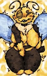 aliasing antennae_(anatomy) anthro arm_to_side arthropod arthropod_abdomen bee big_breasts blue_wings blush blush_lines bodily_fluids breasts commissioner_oc compound_eyes digital_media_(artwork) featureless_breasts female fluffy hand_between_legs hi_res hymenopteran insect_wings insects masturbation neck_tuft scaliescum sharp_teeth smile solo striped_body stripes sweat teeth thick_thighs trembling_for_pleasure tuft wings yellow_body