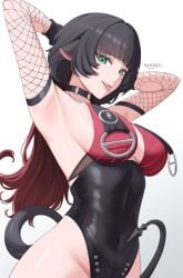 1girls animal_ears artist_name black_gloves black_hair black_one-piece_swimsuit breasts commentary covered_navel female female_only fishnet_sleeves fishnets gloves green_eyes highres jane_doe_(nocturne_of_light)_(zenless_zone_zero) jane_doe_(zenless_zone_zero) large_breasts long_hair looking_at_viewer massoukei mouse_ears mouse_girl mouse_tail multicolored_hair official_alternate_costume one-piece_swimsuit red_hair simple_background solo swimsuit tail tongue tongue_out two-tone_hair very_long_hair zenless_zone_zero