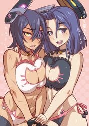 2girls abs abstract_background beauty_mark blue_hair blush bra breast_squish breasts cat_lingerie choker cleavage cleavage_cutout collar cute_fang duo eye_patch eyelashes female female_only fingerless_gloves gloves hair_between_eyes hand_holding headgear human japanese_text jingle_bell kantai_collection keyhole_bra large_breasts lavender_eyes lingerie looking_at_viewer mikoyan mole mole_under_eye multiple_females muscle muscular_female nipple_bulge open_mouth panties purple_hair scar short_hair side-tie_panties tatsuta_(kantai_collection) tenryuu_(kantai_collection) text thighhighs toned yellow_eyes