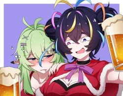 artist_request beer black_hair christmas drunk drunk_bubble elf_ears green_hair large_breasts long_hair mikigeeky neneisonline short_hair virtual_youtuber
