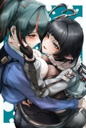 2girls animal_ears black_hair black_pants black_shorts blue_jacket border breast_press breasts face-to-face female female_only fingerless_gloves fur-trimmed_jacket fur_trim gloves green_background green_eyes green_jacket hand_on_another's_face high-waist_pants high-waist_shorts highres holster hug jacket jane_doe_(zenless_zone_zero) large_breasts mait mouse_ears mouse_girl mouse_tail multicolored_hair multiple_girls pants police police_uniform policewoman ponytail red_eyes red_hair red_nails sharp_tail shorts shoulder_holster streaked_hair symmetrical_docking tail tight_clothes tight_pants very_long_tail white_border yuri zenless_zone_zero zhu_yuan