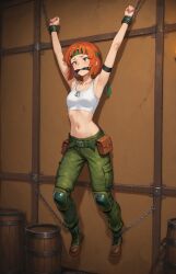 1girl advance_wars ai_generated ankle_cuffs armband belt bondage boots brown_eyes camouflage_pants captured_heroine chained_to_wall chains dog_tags gagged headband knee_pads navel orange_hair pants prisoner psul restrained sami_(advance_wars) self_upload solo tank_top wrist_cuffs