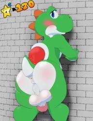 2026 absurd_res anthro anus artist_name backsack balls blue_eyes blush bodily_fluids bonebees bouncing_balls bouncing_butt brick brick_wall butt butt_heart digital_drawing_(artwork) digital_media_(artwork) genitals glans green_body hi_res humanoid_genitalia humanoid_penis looking_at_viewer looking_back looking_back_at_viewer male mario_bros nintendo nude orange_spikes penis perineum presenting presenting_hindquarters rear_view retro shell slightly_chubby slightly_chubby_male solo spikes star sweat sweatdrop tail tail_anus tail_motion tailwag text wahoo wall_(structure) white_body yoshi yoshi_(character)