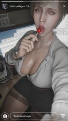 alenabyss 3d 3d_(artwork) resident_evil resident_evil_9:_requiem sherry_birkin sherry_birkin_(bridgette_haze) 1girls female female_only short_hair bob_cut blonde blonde_female blonde_hair lollipop blue_eyes selfie aryan instagram necklace clothed_female office_lady tongue tongue_out licking licking_lollipop breasts big_breasts mole mole_on_breast black_miniskirt miniskirt thighhighs sitting sitting_on_desk desk tagme