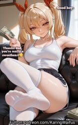 1girls ai_generated amber_eyes black_shorts blonde-haired_female blonde_female blonde_hair brat bratty caption couch cuckold daughter dominant_female feet feet_fetish feet_focus femdom findom foot_fetish foot_focus footwear gym_shorts hair_ribbon hair_tie holding_money karingwaifus looking_at_viewer medium_breasts money pov pov_eye_contact pov_male ribbon ribbon_in_hair ribbons seductive seductive_eyes seductive_look seductive_mouth seductive_pose seductive_smile shorts small_dom_big_sub sports_shorts submissive_male tank_top text white_tank_top white_thighhighs white_topwear