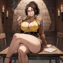 1girls ai_generated attack_on_titan big_breasts blackroga brown_hair cigarette cleavage crossed_legs female female_focus glasses hange_zoe hanji_zoe heels high_heels indoors legs_crossed lipgloss milf pencil_skirt sexy shingeki_no_kyojin sit sitting skirt smoking uniform voluptuous