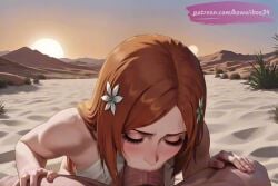 1boy ai_generated animated animation anime anime_style ass bangs bare_shoulders barefoot beach big_thighs bikini bleach blush bottomless breasts day desert erection fellatio female flower forehead grey_eyes hair_flower hair_ornament hi_res high_quality high_resolution highres holding_breasts inoue_orihime kawaiiboo34 kneeling large_breasts long_hair looking_at_viewer medium_breasts nipples oily on_sand oral orange_hair outdoors paizuri parted_bangs patreon penis pov pov_eye_contact precum sand shiny_skin side-tie_bikini sky smile solo_focus straight sunset swimsuit tagme uncensored veins veiny_penis video white_bikini white_flower white_swimsuit