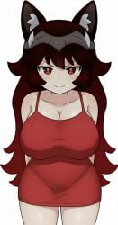 1girls ai_generated background big_breasts black_hair dress dress_only female female_focus female_only friday_night_funkin gemini girlfriend_(cosplay) horns huge_breasts julie_(demondarky) light-skinned_female light_skin long_hair only only_female original pale-skinned_female pale_skin red_dress red_eyes red_hair seductive seductive_eyes seductive_pose seductive_smile simple_background speaker two-tone_hair white_background white_horns wolf_ears