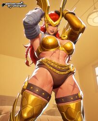 1girl 1girls abs ai_generated angela_(aldrif_odinsdottir) armor armpits arms_up bandaged_arm bandages barely_clothed belt black_lipstick braid crown dominant_female female femdom fit fit_female flexing high_quality highres indoors lipstick looking_down_at_viewer low-angle_view marvel marvel_comics marvel_rivals muscular muscular_female panties posing red_eyes red_hair scar scarred silvergilver single_braid smile smirk solo solo_female solo_focus teeth thick_thighs toned toned_female