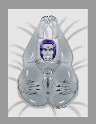 1girls angry angry_face athletic athletic_female big_ass big_breasts big_thighs blush clenched_teeth curvy curvy_figure feet feet_fetish feet_up foot_fetish grey_body grey_nipples grey_skin laying_down legs_over_head legs_up on_back on_bed purple_eyes purple_hair raven_(dc) sharp_claws sharp_nails sharp_toenails short_hair solo_female spread_anus spread_ass spread_pussy steelknigh teen_titans thick_thighs thighs watermark