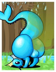 anus ass_up balls bent_over big_balls big_butt blue_body butt digital_media_(artwork) eeveelution fart feral fin fish_tail fishy_musk forest_background generation_1_pokemon genitals glistening glistening_body glistening_butt hi_res huge_butt looking_at_viewer male nintendo one_eye_closed outside pincoosh pokemon pokemon_(species) presenting presenting_hindquarters quadruped raised_tail river signature smelly smelly_butt solo stink_fumes tail vaporeon wink winking_at_viewer