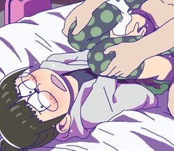 1boy bag bed black_eyes black_hair blush censored choroko_(osomatsu-san) clothed_female_nude_male clothed_sex female glasses hair_bun hood hooded_jacket jacket leg_grab legs_up long_sleeves lying miniskirt mosaic_censoring nude oekaki on_back open_jacket open_mouth osomatsu-san panties panties_around_leg pencil_skirt penis polka_dot polka_dot_legwear sex short_hair skirt solo_focus suitcase thighhighs tomu_(tomubobu)