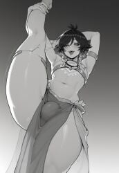 1boy ai_generated bellydancer_outfit bimbo braided_hair bulge femboy genshin_impact greyscale light-skinned_male makeup male male_only mayyreel monochrome otoko_no_ko penis revealing_clothes solo stretching thick_thighs trap venti_(genshin_impact) wide_hips