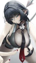 1girls animal_ears aqua_eyes bare_shoulders big_breasts black_choker black_hair black_shorts blunt_bangs blush breasts choker earrings eyeliner female female_only fingernails garter_straps grin hair_between_eyes hanging_breasts high-waist_shorts jane_doe_(zenless_zone_zero) jewelry large_breasts leaning_forward long_hair looking_at_viewer mait makeup mouse_ears mouse_girl mouse_tail nail_polish necktie pale_skin pointing pointing_at_viewer red_eyeliner red_nails sharp_tail shirt shorts single_garter_strap single_leg_pantyhose single_thighhigh sleeveless sleeveless_shirt smile solo stud_earrings tail thick_thighs thighhighs thighs two-tone_necktie uneven_eyes very_long_tail zenless_zone_zero