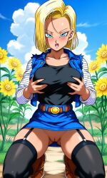 1girls ai_assisted ai_generated alternate_legwear android_18 ass_visible_through_thighs bare_thighs belt black_shirt black_thigh_highs black_thighhighs blonde_hair blue_eyes blue_skirt blue_sky blush breasts brown_footwear clothes_lift cloud collarbone day denim denim_jacket denim_skirt dragon_ball dragon_ball_super dragon_ball_z earrings eyebrows eyelashes eyeliner eyeshadow female flower garter_straps grabbing_own_breast hi_res jacket jewelry kneeling large_breasts lipstick long_eyelashes long_sleeves looking_at_viewer makeup mascara no_panties open_mouth outdoors outside petite petite_body petite_female plant pussy shiny_skin shirt shirt_tucked_in short_hair skindentation skirt skirt_lift sky solo stockings thigh_highs thighhighs thighs vest waifufamily