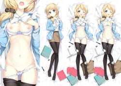 ;o ass_visible_through_thighs belt black_legwear blonde_hair blue_eyes blue_jacket blush book bow bow_bra bow_panties bra bra_pull breasts cleavage dakimakura ellen_baker english eraser female hair hair_ornament hair_scrunchie jacket long_hair looking_at_viewer low_ponytail lying navel new_horizon nipples on_back one_eye_closed open_mouth panties panty_pull pantyhose pantyhose_pull papers pen pencil_skirt ponytail pussy red_book scrunchie skirt skirt_removed smile solo tied_hair torn_clothes torn_pantyhose underwear verjuice white_bra white_panties