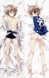 1boy ass blue_eyes blush closed_eyes dakimakura feet hair hoshizora_e_kakaru_hashi human looking_at_viewer male male_only navel nipples on_back open_mouth soles solo toes underwear