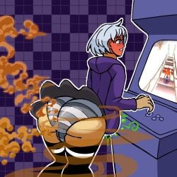 arcade arcade_machine bloated_belly bowel_sounds bubble_guts bubble_guts_(game) crash_(series) crash_bandicoot embarrassed fart fart_cloud fart_fetish femboy femboy_only foghorn_empire male_fart panties red_face striped_panties
