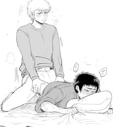 ace_of_diamond anal ass ass_grab bed blush bottomless cum cum_in_ass cumdrip erection male_only monochrome multiple_boys narumiya_mei penis pillow sex tadano_itsuki wince yaoi