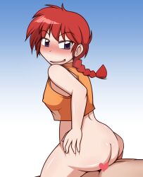 2015 ambiguous_penetration bare_shoulders blue_eyes blush bottomless canon_genderswap censored cowgirl_position crop_top crop_top_only erect_nipples erect_nipples_under_clothes female_on_top functionally_nude functionally_nude_female heart_censor hi_res looking_at_viewer looking_back looking_back_at_viewer pigtail ranma-chan ranma_1/2 ranma_saotome red_hair textless_version yagen_sasami