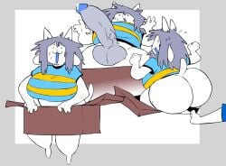 anthro balls big_breasts big_penis bikini blue_mouth bodily_fluids bottomless box breasts clothed clothing clothing_pull container domestic_cat erection felid feline felis fist genital_fluids genitals grey_hair gynomorph hair holding_box holding_container holding_object huge_breasts huge_penis inside_box intersex looking_back loudnormal4 mammal multicolored_clothing multicolored_shirt multicolored_topwear no_underwear panties panty_pull penis precum shirt shocked slightly_chubby solo string_bikini string_panties swimwear tail tem temmie_(undertale) thick_thighs topwear two-piece_swimsuit undertale undertale_(series) underwear underwear_pull vein veiny_penis white_body wide_hips