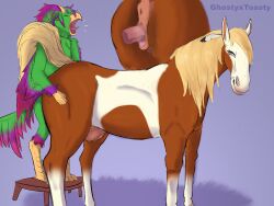 absurd_res anatomically_correct anatomically_correct_genitalia anatomically_correct_vulva animal_genitalia animal_vulva anthro anus avian bestiality bird blonde_hair breasts butt close-up dreamworks duo equid equine equine_genitalia equine_vulva feet female feral furniture genitals ghostyxtoasty grin hair hi_res horse looking_back male male/female mammal mane penetration penis rain_(cimarron) sex size_difference smile spirit:_stallion_of_the_cimarron stool talons teats toes vaginal vulva