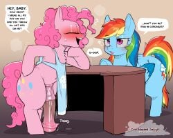 2026 5:4 animal_genitalia animal_penis apron apron_only artist_logo artist_name black_text blue_body blue_fur blush blush_lines bodily_fluids closed_eyes clothing cold-blooded-twilight cutie_mark desk dialogue duo english_text equid equine equine_genitalia equine_penis erection eyelashes feral friendship_is_magic fur furniture futanari genitals hair hand_on_hip hasbro hi_res hooves horse logo looking_at_another male mammal medial_ring multicolored_hair my_little_pony mythological_creature mythological_equine mythology open_mouth open_smile pegasus penis pink_body pink_eyes pink_fur pink_hair pink_tail pinkie_pie_(mlp) pony pupils question_mark rainbow_dash_(mlp) rainbow_hair semi-anthro smile sound_effects speech_bubble standing steam sweat table tail teeth text throbbing throbbing_penis upper_teeth upper_teeth_only wings