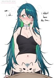 :3 :d averting_eyes black_pants blue_hair blush body_writing breasts clitoral_hood clothes_pull colored_inner_hair commentary cowboy_shot do_you_want_to_pet_my_cat_(meme) earrings embarrassed english_commentary english_text eyelashes female female_pubic_hair flower_earrings flying_sweatdrops green_eyes green_hair hair_between_eyes hand_on_own_cheek hand_on_own_face hand_up highres jewelry large_breasts long_hair looking_to_the_side meme mole mole_on_arm mole_on_breast mole_on_thigh multicolored_hair navel nose_blush original paid_reward_available pants pants_pull patreon_username pubic_hair pussy qiandaiyiyu rin_(qiandaiyiyu) ringed_eyes silver_choker simple_background smile solo standing sweat too_literal two-tone_hair web_address white_background wide-eyed