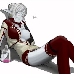 artist_request blue_skin blush choker dark_elf drunk elf lineage lineage_2 open_clothes open_shirt peeing pointy_ears pussy_juice shirt thighhighs